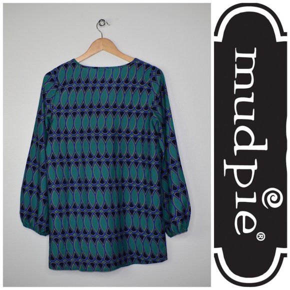 Mud Pie Women's Embroidered Tunic Size Small Flare Sleeve Cover Up Blouse Teal - Picture 10 of 13